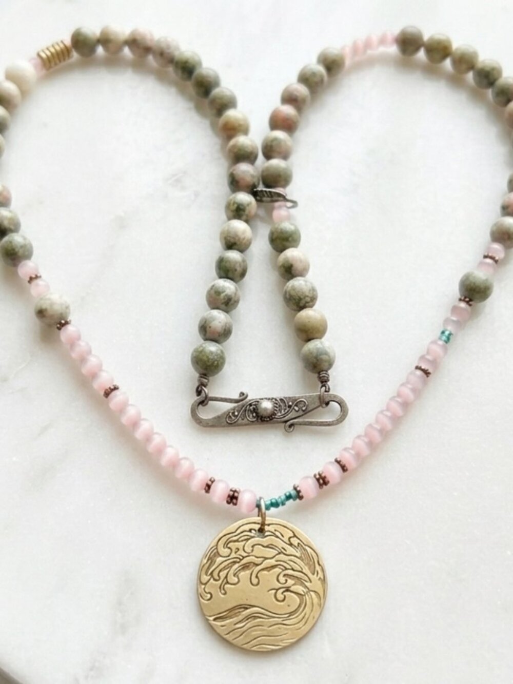Handcrafted Sterling Silver 925 Rhyolite Rhodonite Cat's Eye Bead Necklace